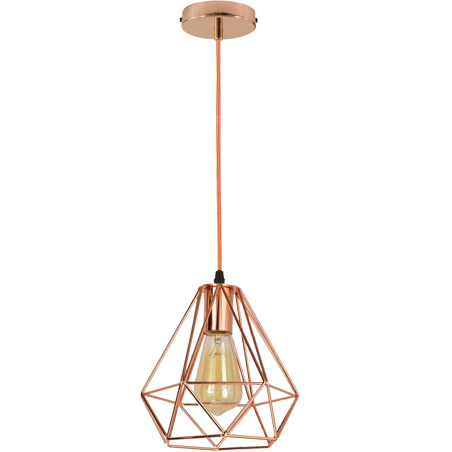 Rose Gold Industrial Metal Ceiling Hanging Pendant Light with diamond cage design, perfect for modern and rustic interiors.