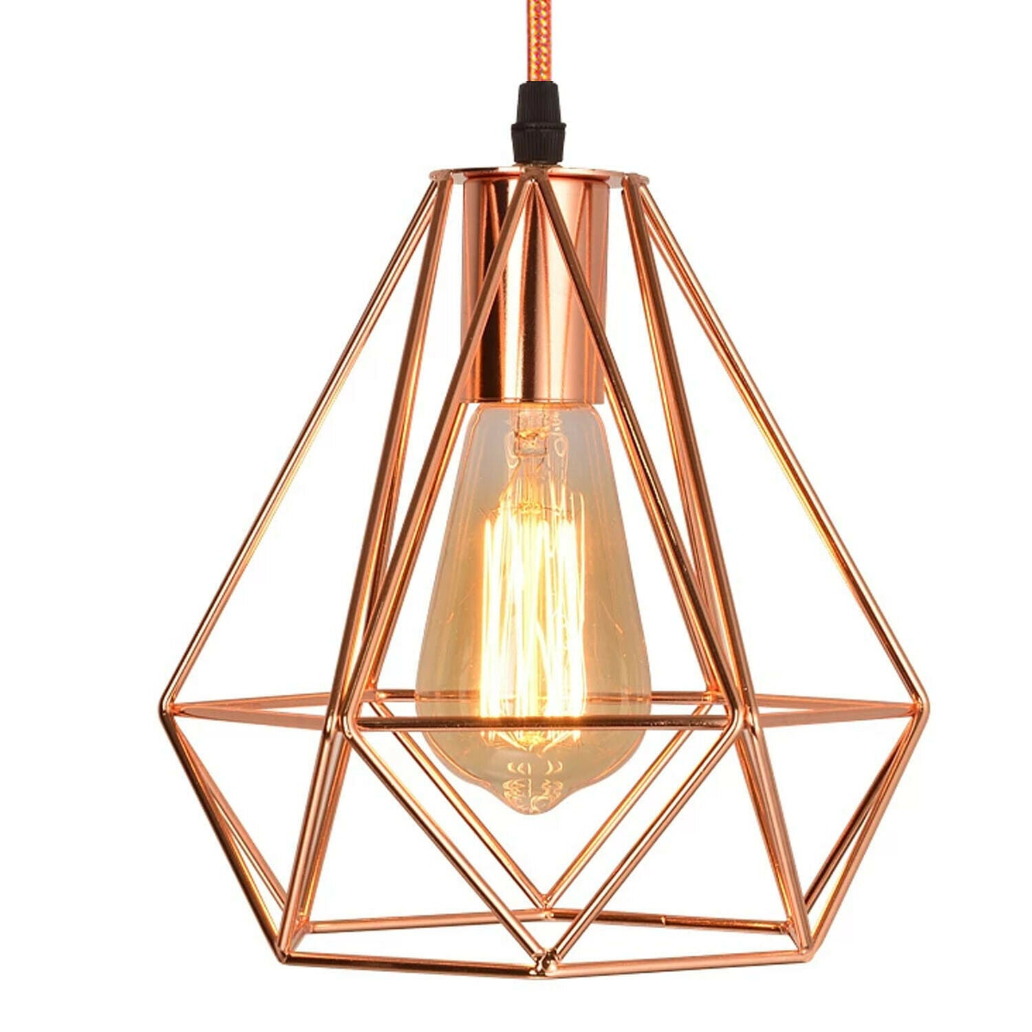 Rose Gold Industrial Metal Ceiling Hanging Pendant Light with diamond cage design, perfect for modern and rustic interiors.