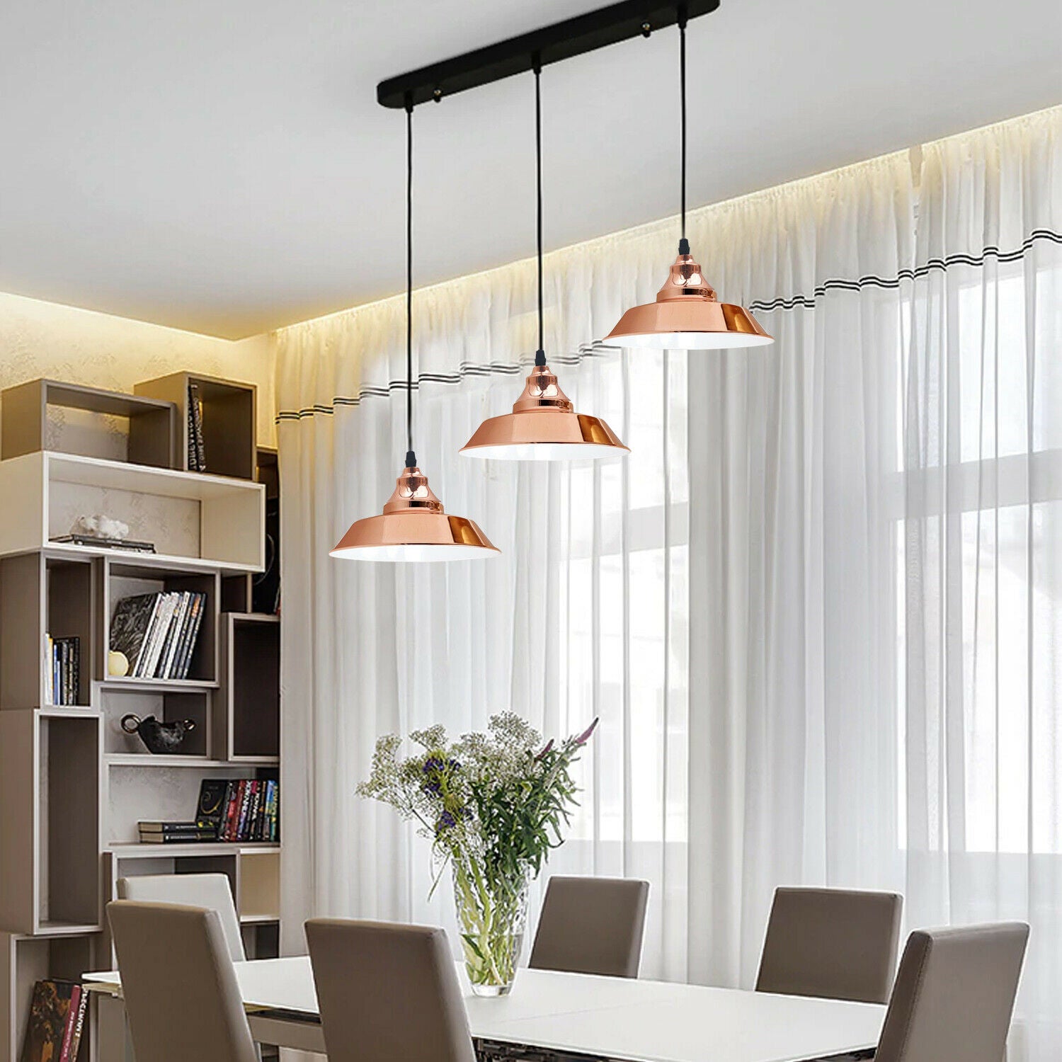 Rose Gold Three Outlet Ceiling Pendant Lights with vintage retro style lampshades, ideal for dining and cafe settings.