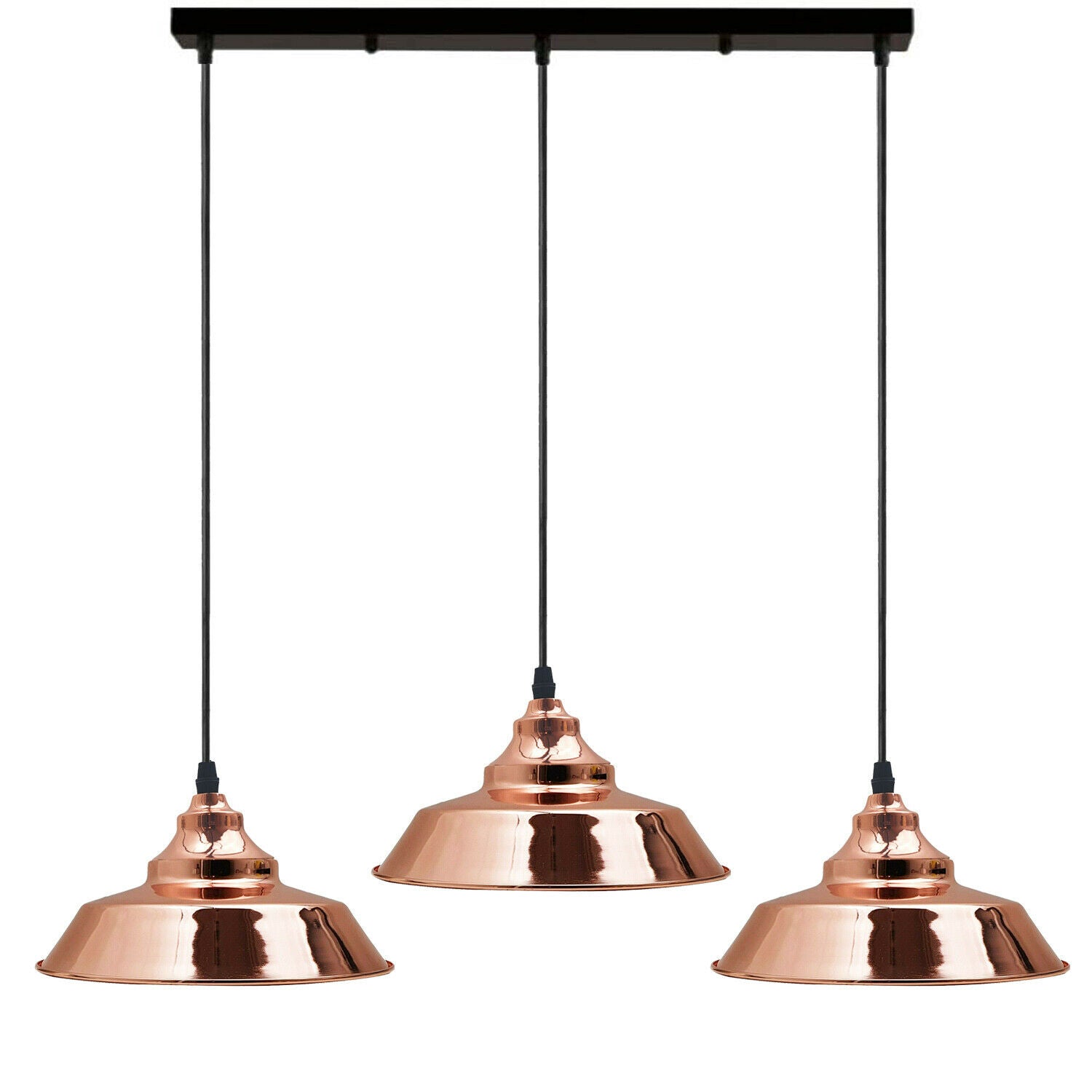 Rose Gold Three Outlet Ceiling Pendant Lights with vintage retro style lampshades, ideal for dining and cafe settings.