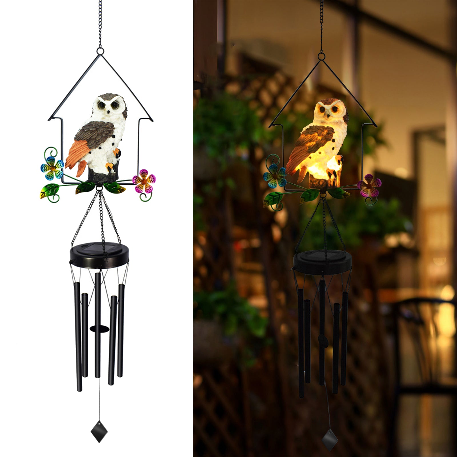 A beautifully crafted solar owl wind chime light featuring a lifelike owl sculpture atop metal chimes, glowing softly at night.