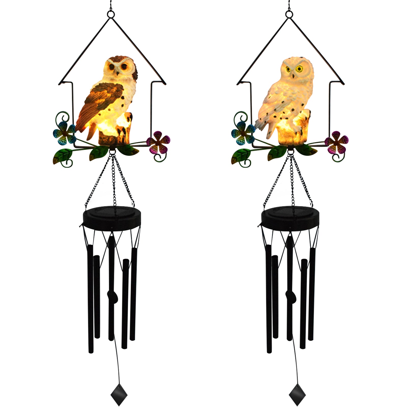 A beautifully crafted solar owl wind chime light featuring a lifelike owl sculpture atop metal chimes, glowing softly at night.