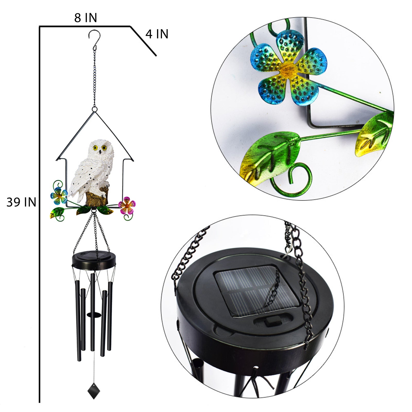 A beautifully crafted solar owl wind chime light featuring a lifelike owl sculpture atop metal chimes, glowing softly at night.