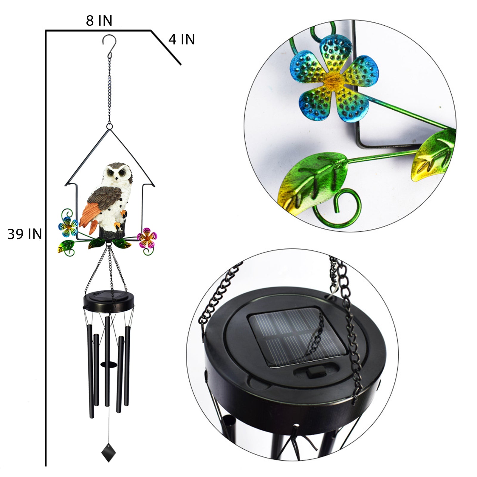 A beautifully crafted solar owl wind chime light featuring a lifelike owl sculpture atop metal chimes, glowing softly at night.