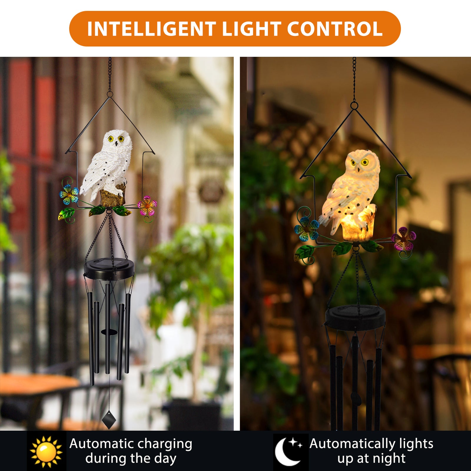 A beautifully crafted solar owl wind chime light featuring a lifelike owl sculpture atop metal chimes, glowing softly at night.