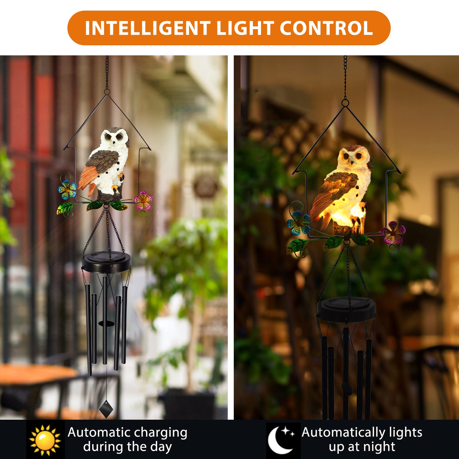 A beautifully crafted solar owl wind chime light featuring a lifelike owl sculpture atop metal chimes, glowing softly at night.