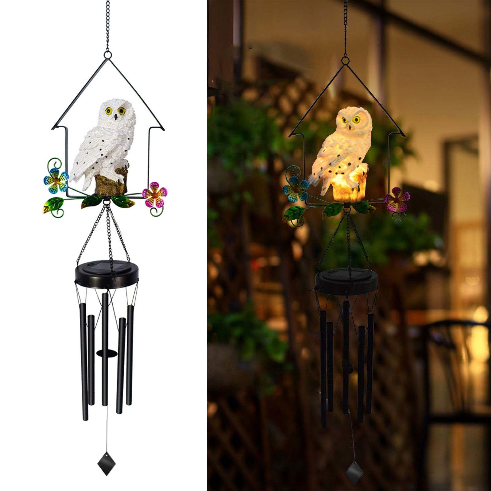 A beautifully crafted solar owl wind chime light featuring a lifelike owl sculpture atop metal chimes, glowing softly at night.