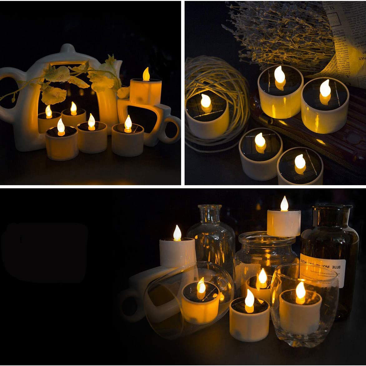 LED candles creating cozy ambiance.