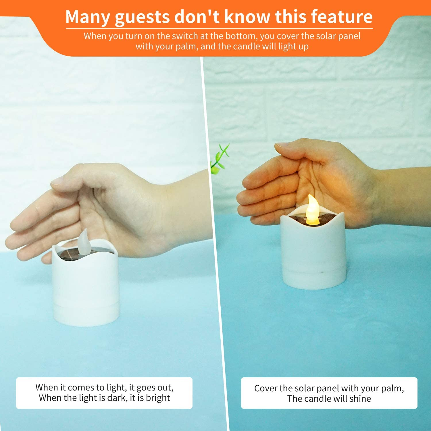 Solar-powered candle lighting instruction.