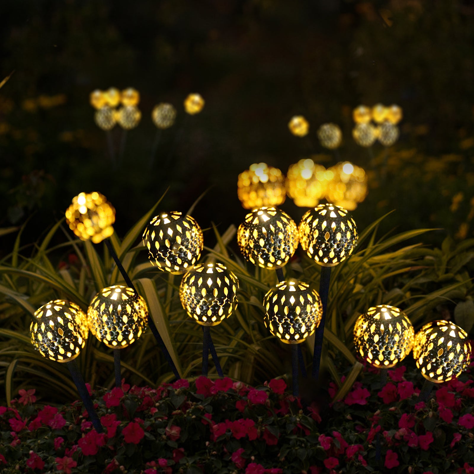 Solarera Solar Swinging Moroccan Lights with 10 light heads, showcasing vibrant colors and dynamic modes, perfect for outdoor decoration.