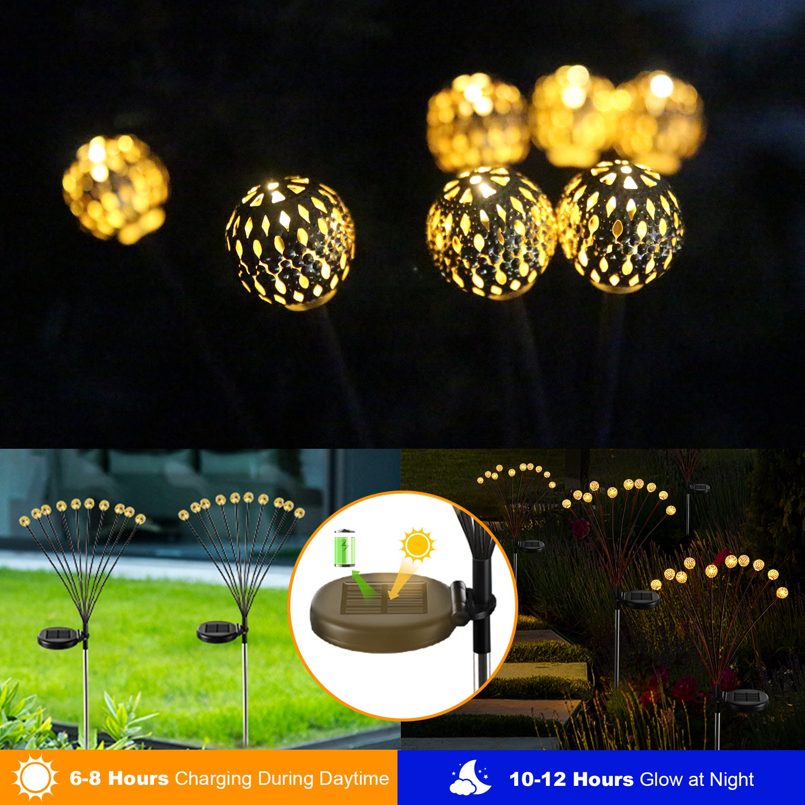 Solarera Solar Swinging Moroccan Lights with 10 light heads, showcasing vibrant colors and dynamic modes, perfect for outdoor decoration.