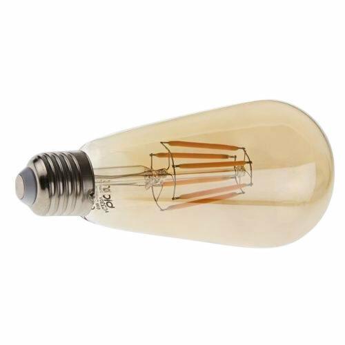 ST64 8W LED Edison Bulb with warm white light, showcasing vintage filament design in a glass casing.