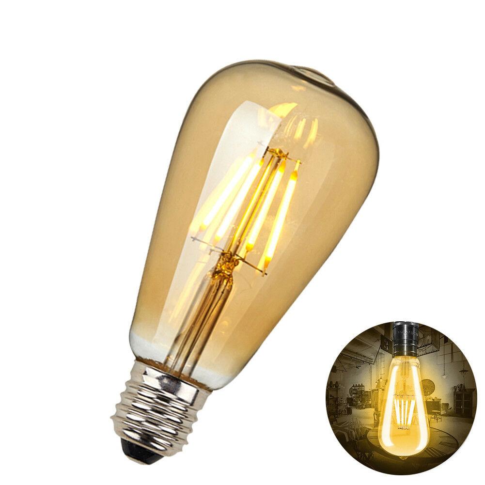 ST64 8W LED Edison Bulb with warm white light, showcasing vintage filament design in a glass casing.