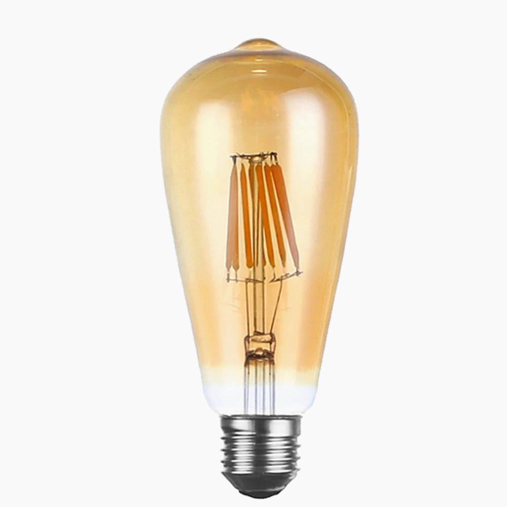 ST64 8W LED Edison Bulb with warm white light, showcasing vintage filament design in a glass casing.