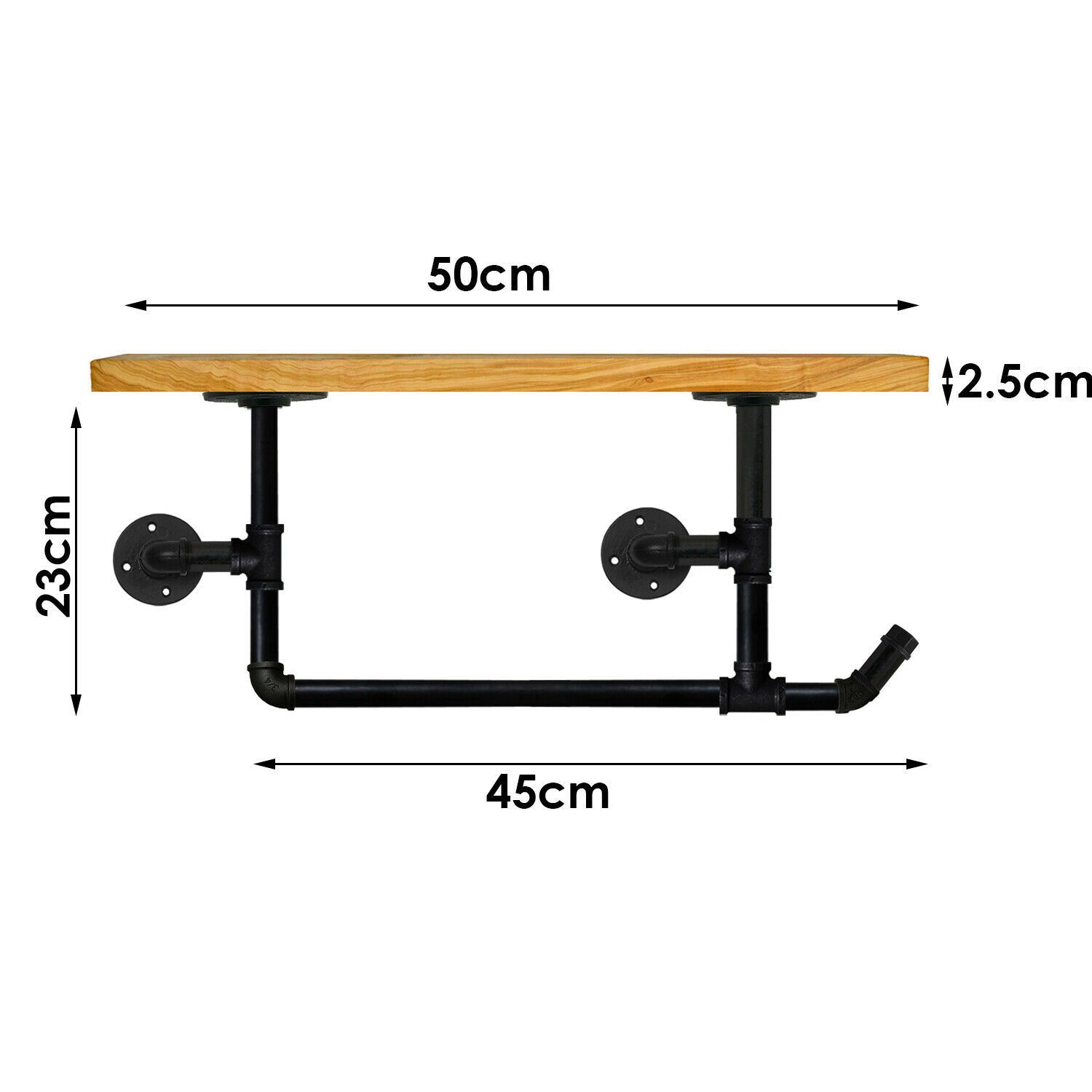 Steel Pipework Industrial Towel Rail with Wood Shelf Hanger, showcasing black iron pipes and a wooden shelf, ideal for modern bathrooms.