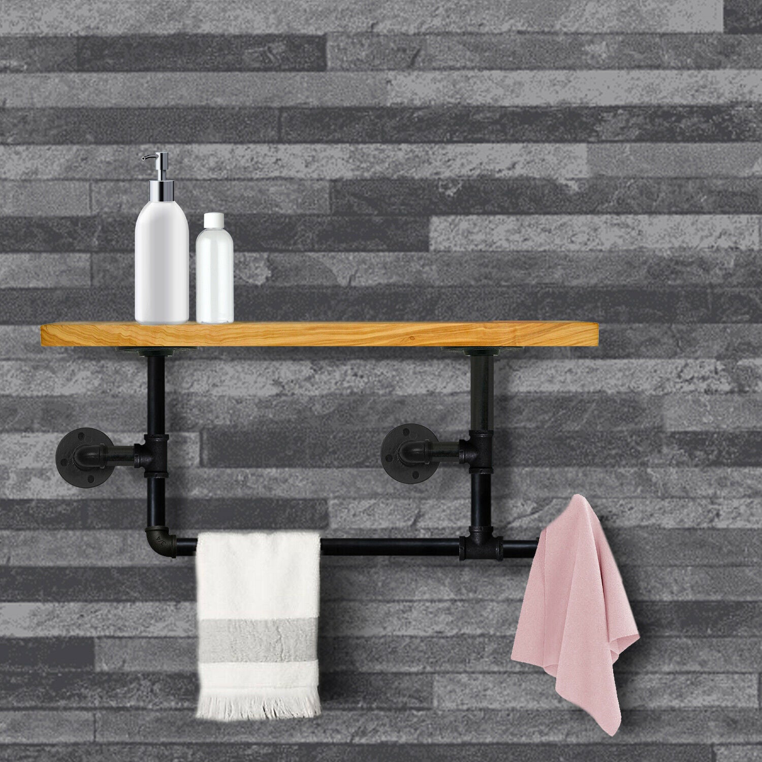 Steel Pipework Industrial Towel Rail with Wood Shelf Hanger, showcasing black iron pipes and a wooden shelf, ideal for modern bathrooms.