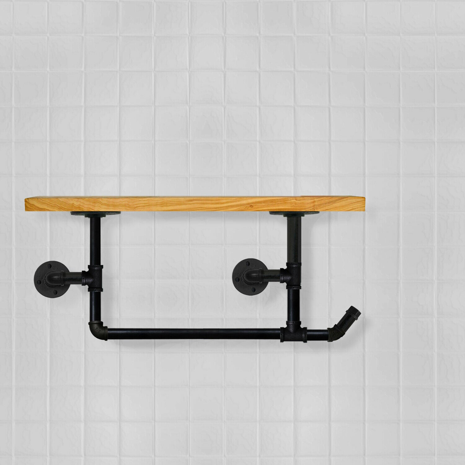 Steel Pipework Industrial Towel Rail with Wood Shelf Hanger, showcasing black iron pipes and a wooden shelf, ideal for modern bathrooms.