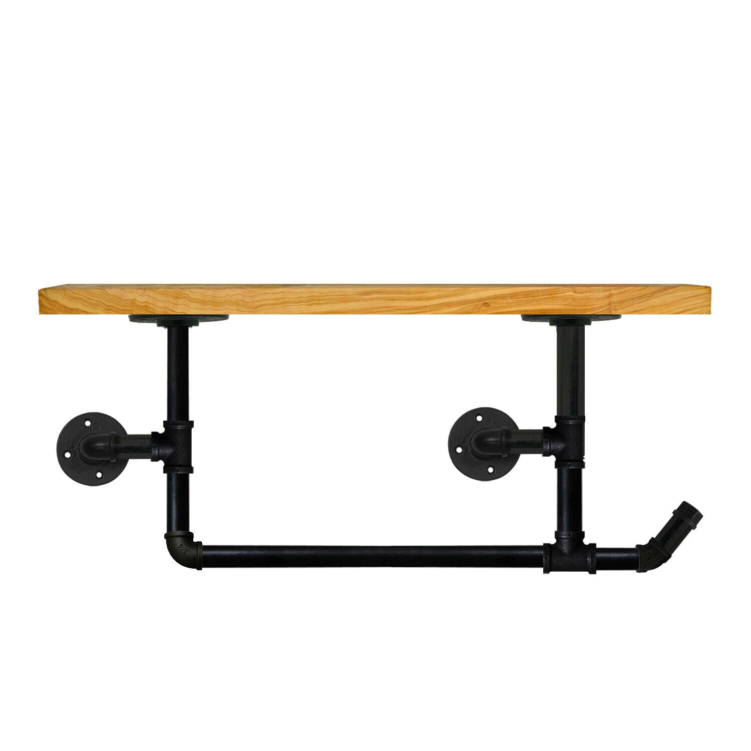 Steel Pipework Industrial Towel Rail with Wood Shelf Hanger, showcasing black iron pipes and a wooden shelf, ideal for modern bathrooms.