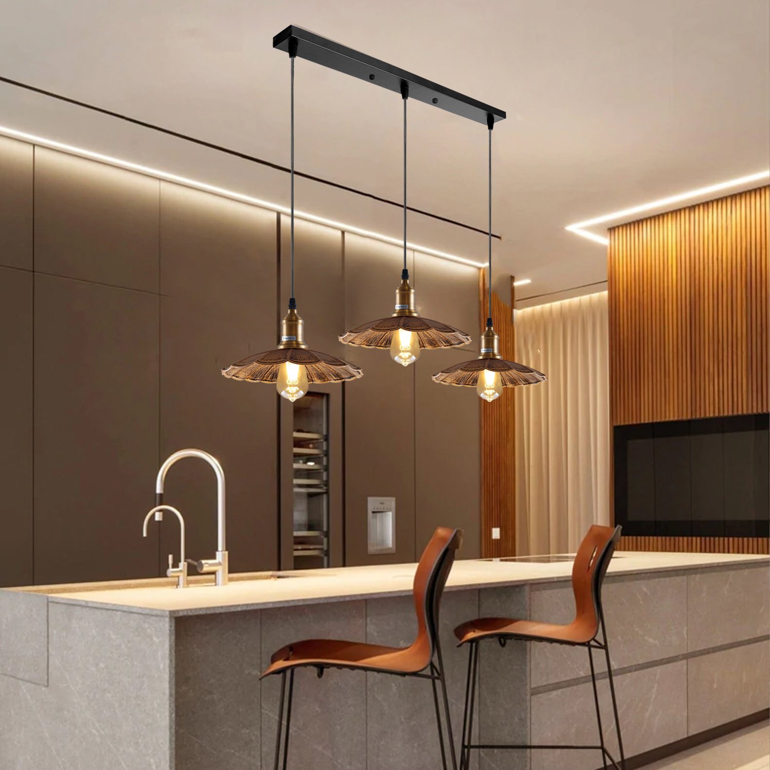 Stylish Copper 3 Pendant Light Fixture with umbrella design, featuring three light holders and a brushed copper finish.