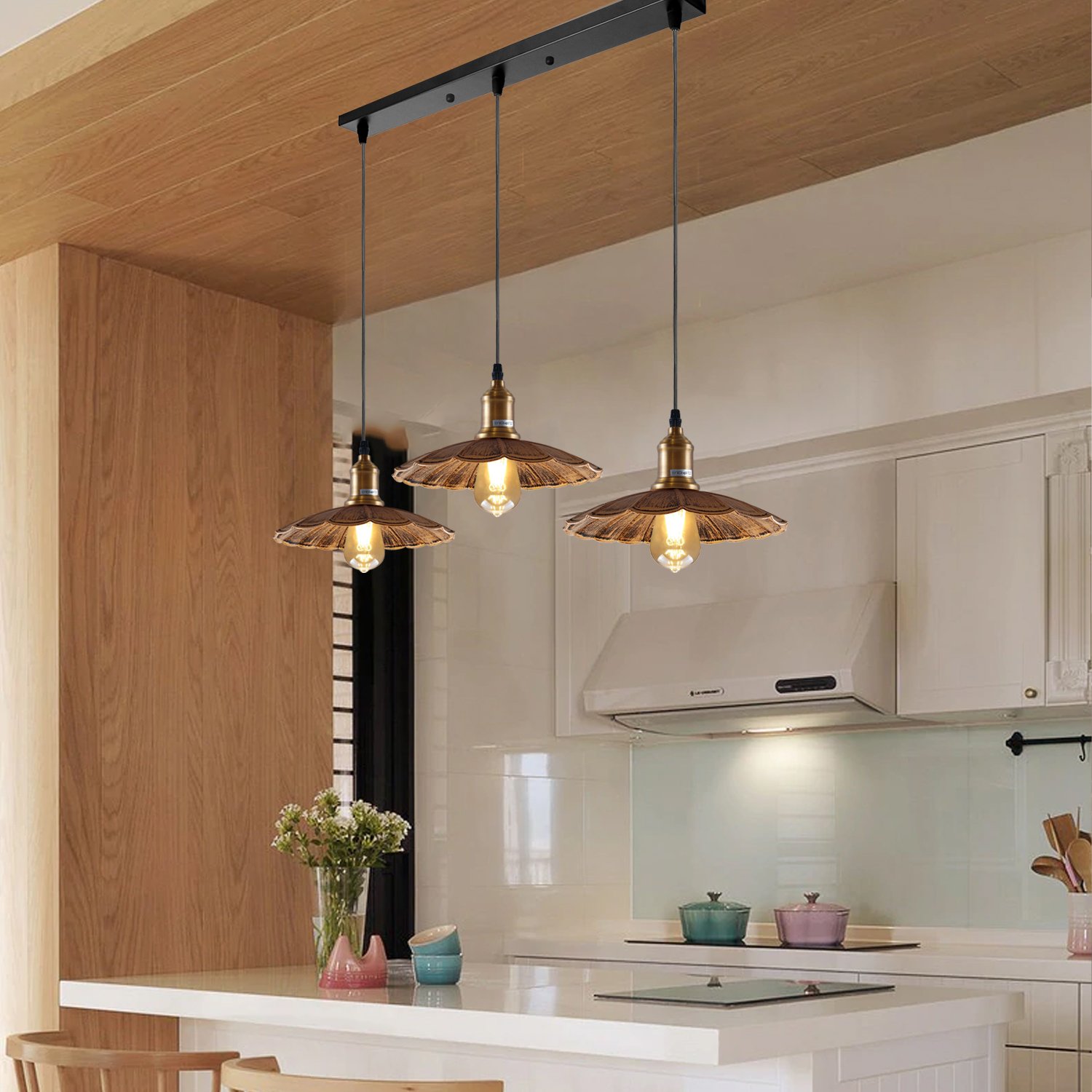 Stylish Copper 3 Pendant Light Fixture with umbrella design, featuring three light holders and a brushed copper finish.