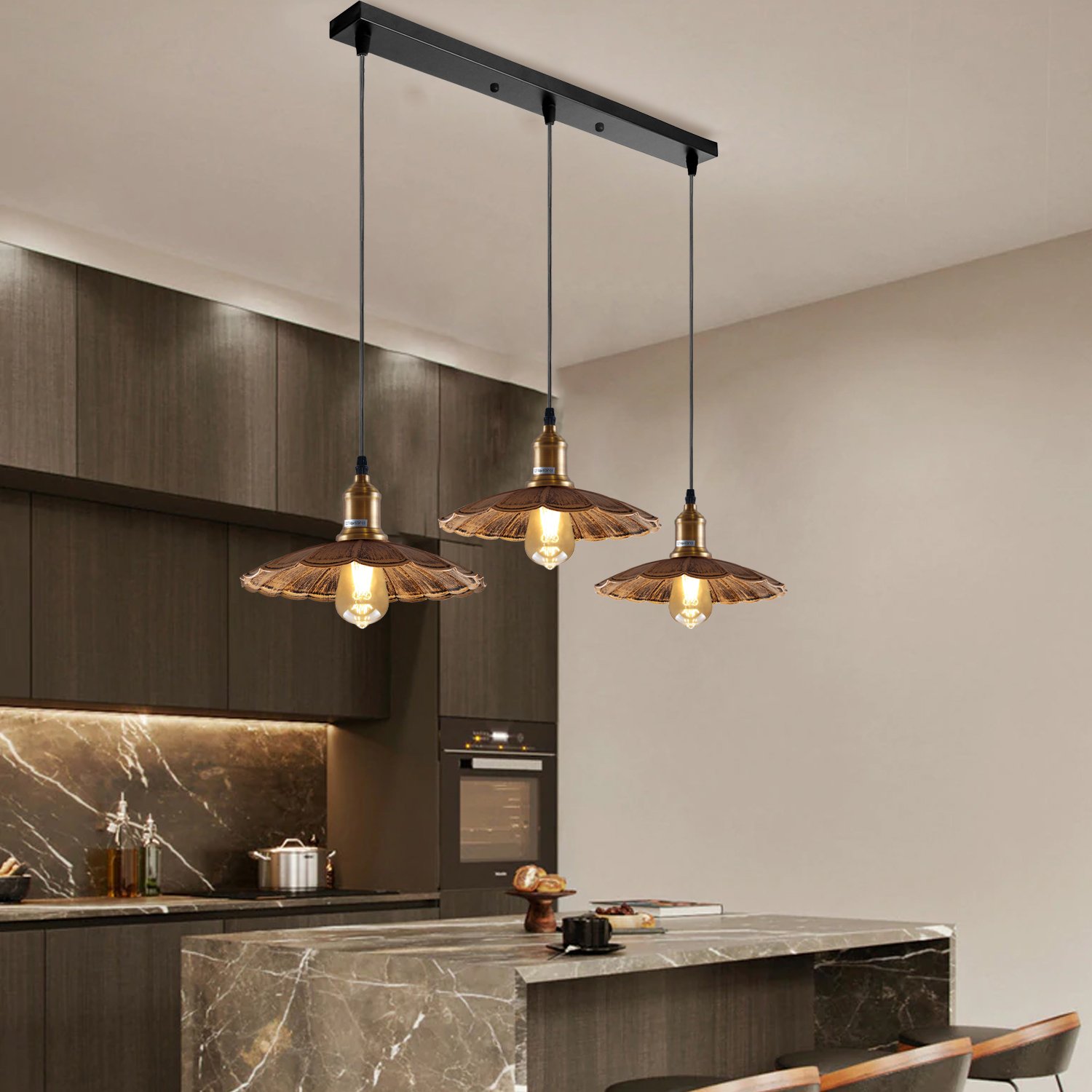 Stylish Copper 3 Pendant Light Fixture with umbrella design, featuring three light holders and a brushed copper finish.