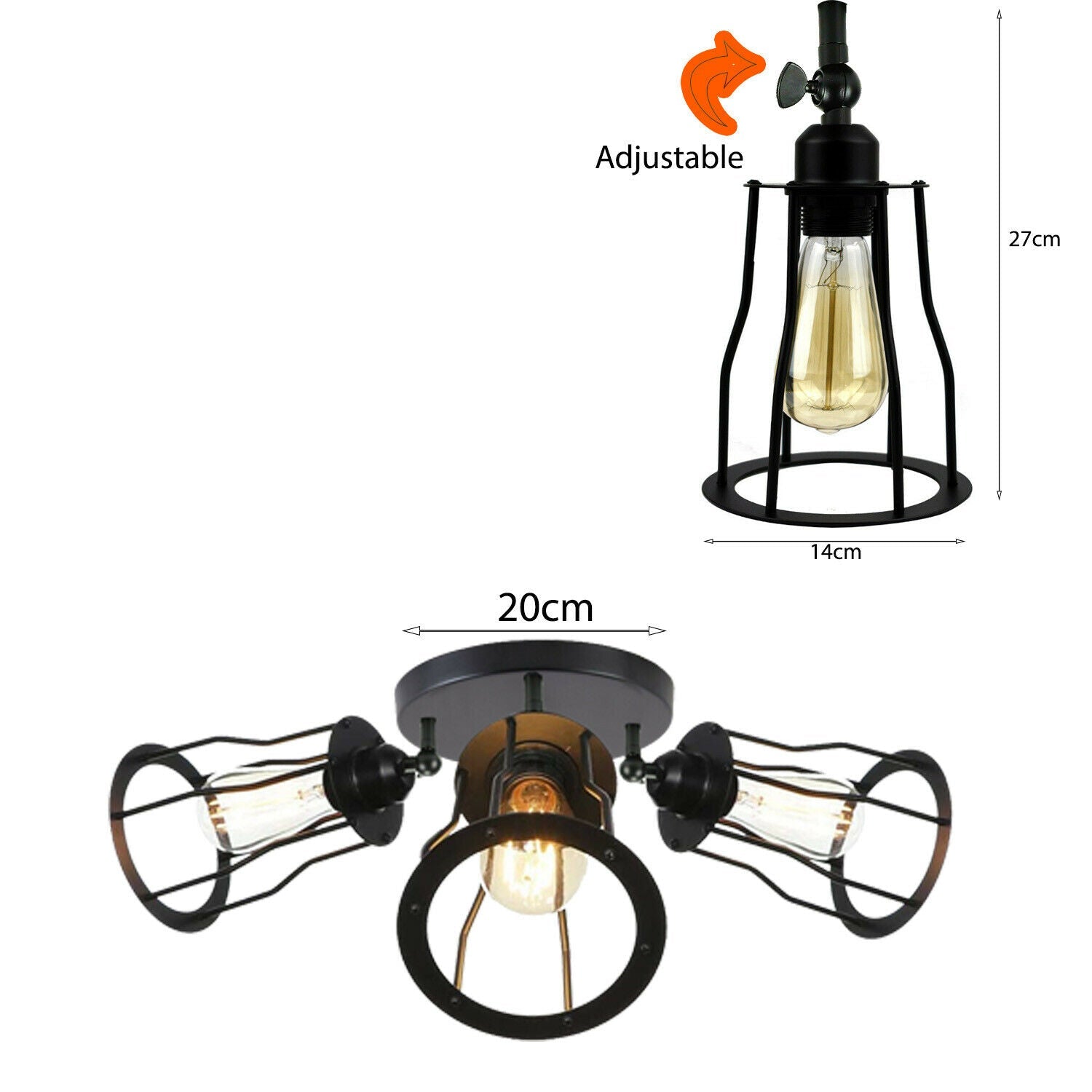 Stylish Semi Flush Mount Ceiling Light featuring a retro design with Edison-style bulbs, made of high-quality iron in black color.