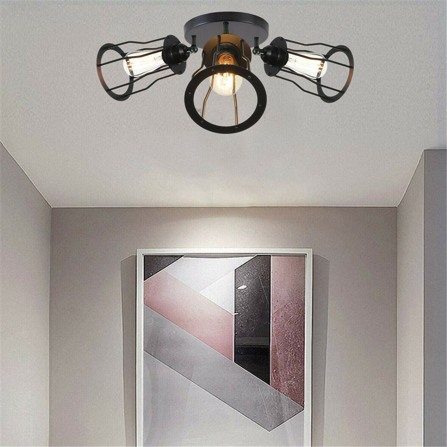 Stylish Semi Flush Mount Ceiling Light featuring a retro design with Edison-style bulbs, made of high-quality iron in black color.