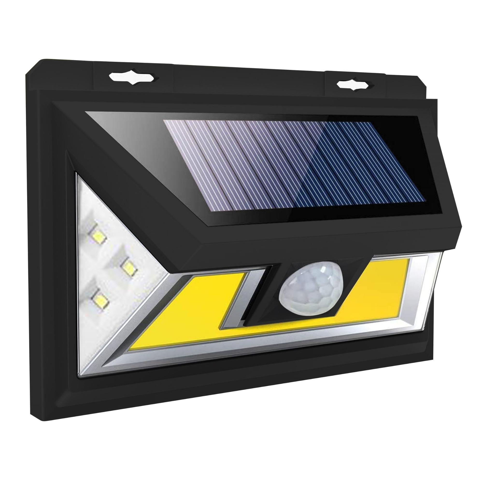 Super Bright Solar LED Motion Sensor Light with 500 lumens, showcasing its sleek design and features for outdoor use.