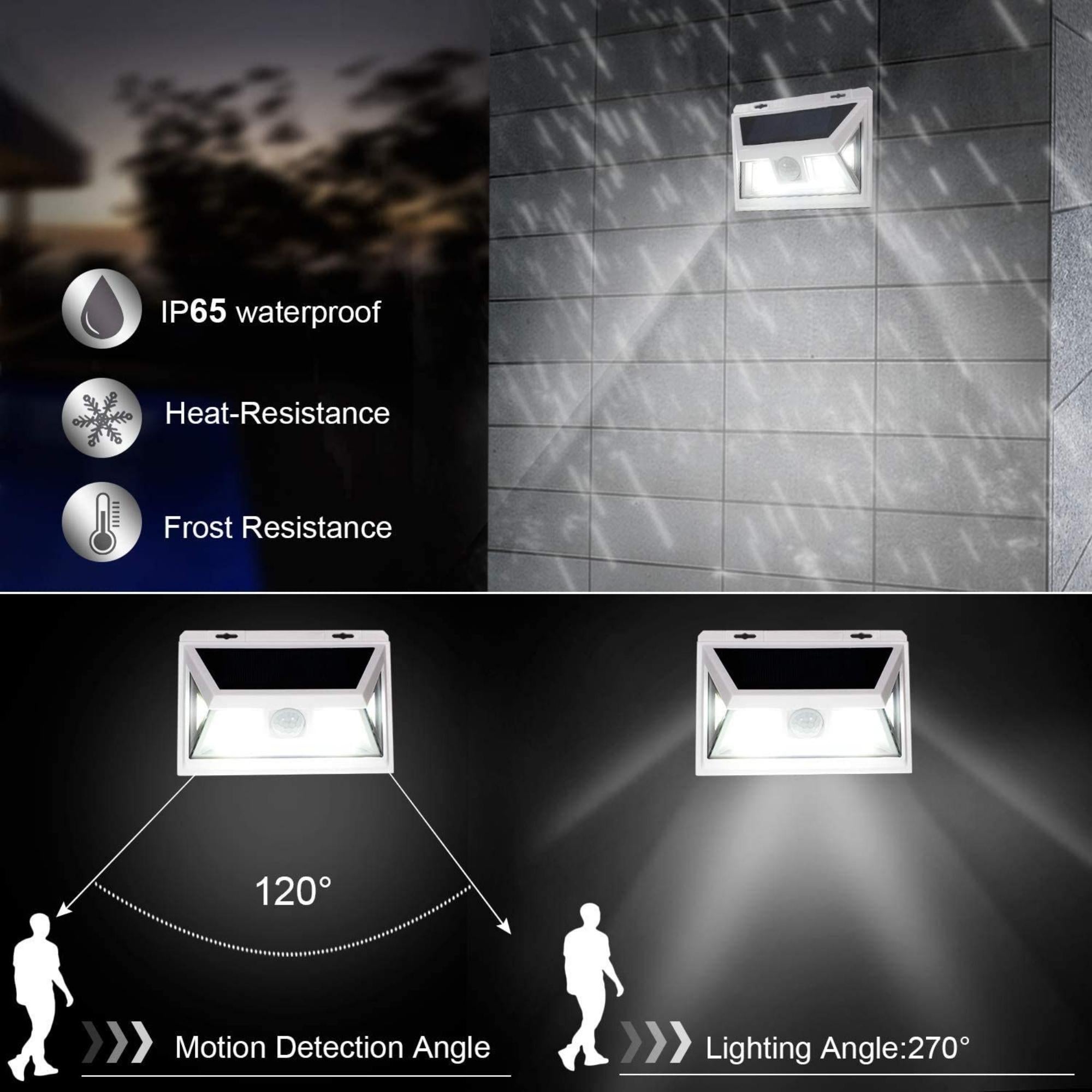 Super Bright Solar LED Motion Sensor Light with 500 lumens, showcasing its sleek design and features for outdoor use.