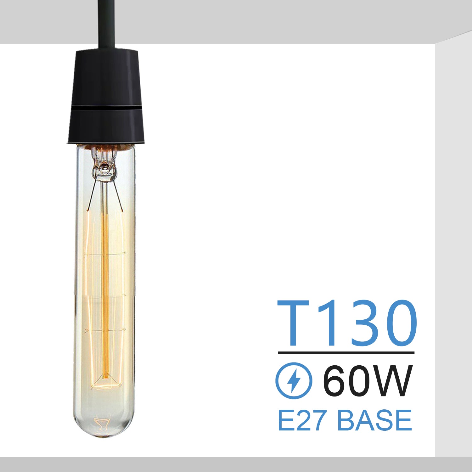 T130 60W E27 dimmable filament vintage light bulb with warm white glow, showcasing its elegant design and glass construction.