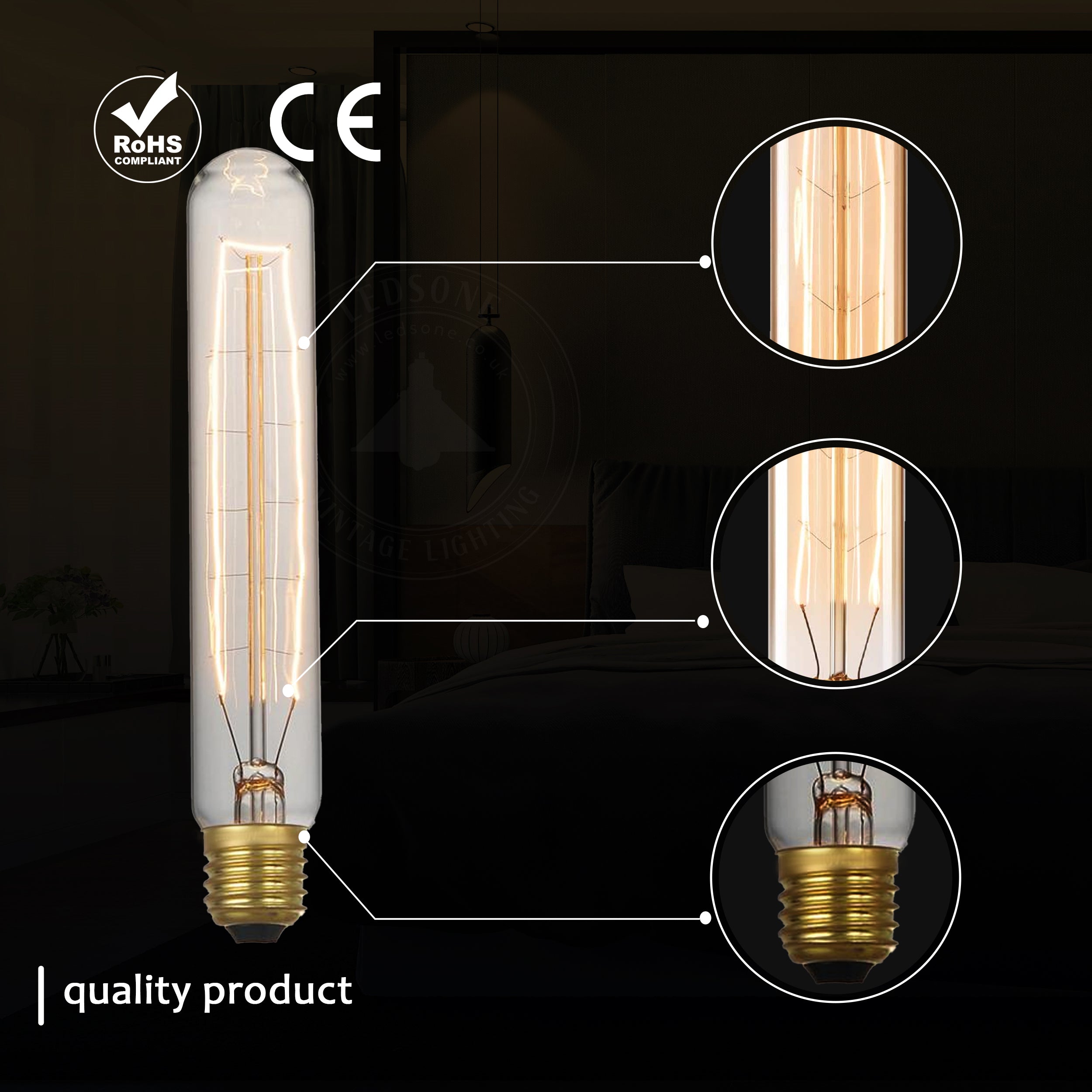 T130 60W E27 dimmable filament vintage light bulb with warm white glow, showcasing its elegant design and glass construction.