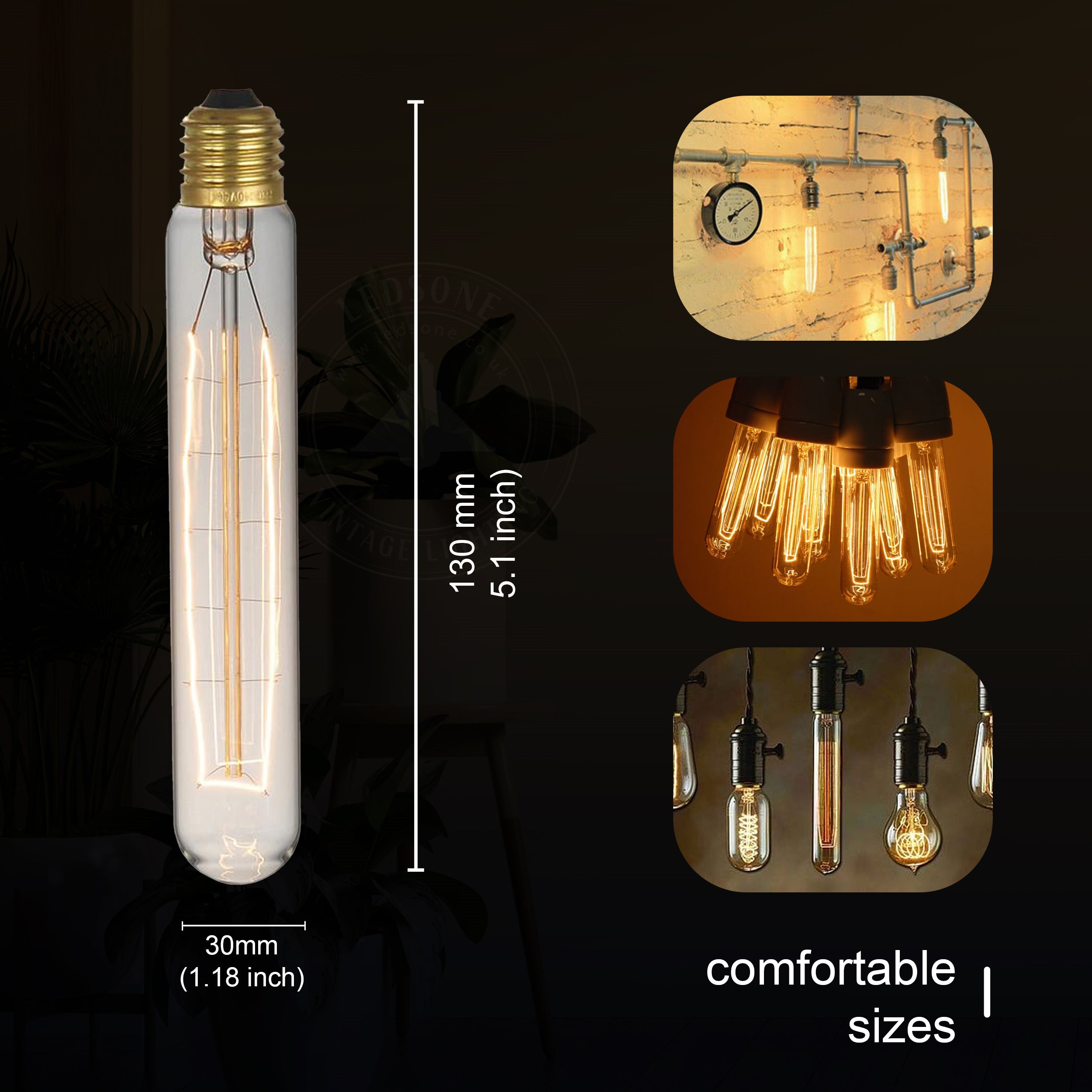 T130 60W E27 dimmable filament vintage light bulb with warm white glow, showcasing its elegant design and glass construction.