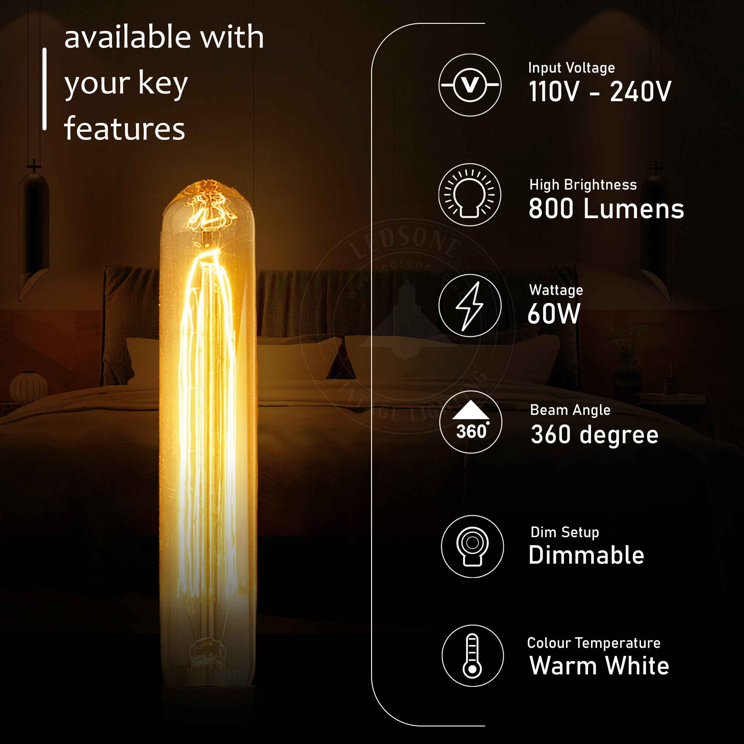 T130 60W E27 dimmable filament vintage light bulb with warm white glow, showcasing its elegant design and glass construction.