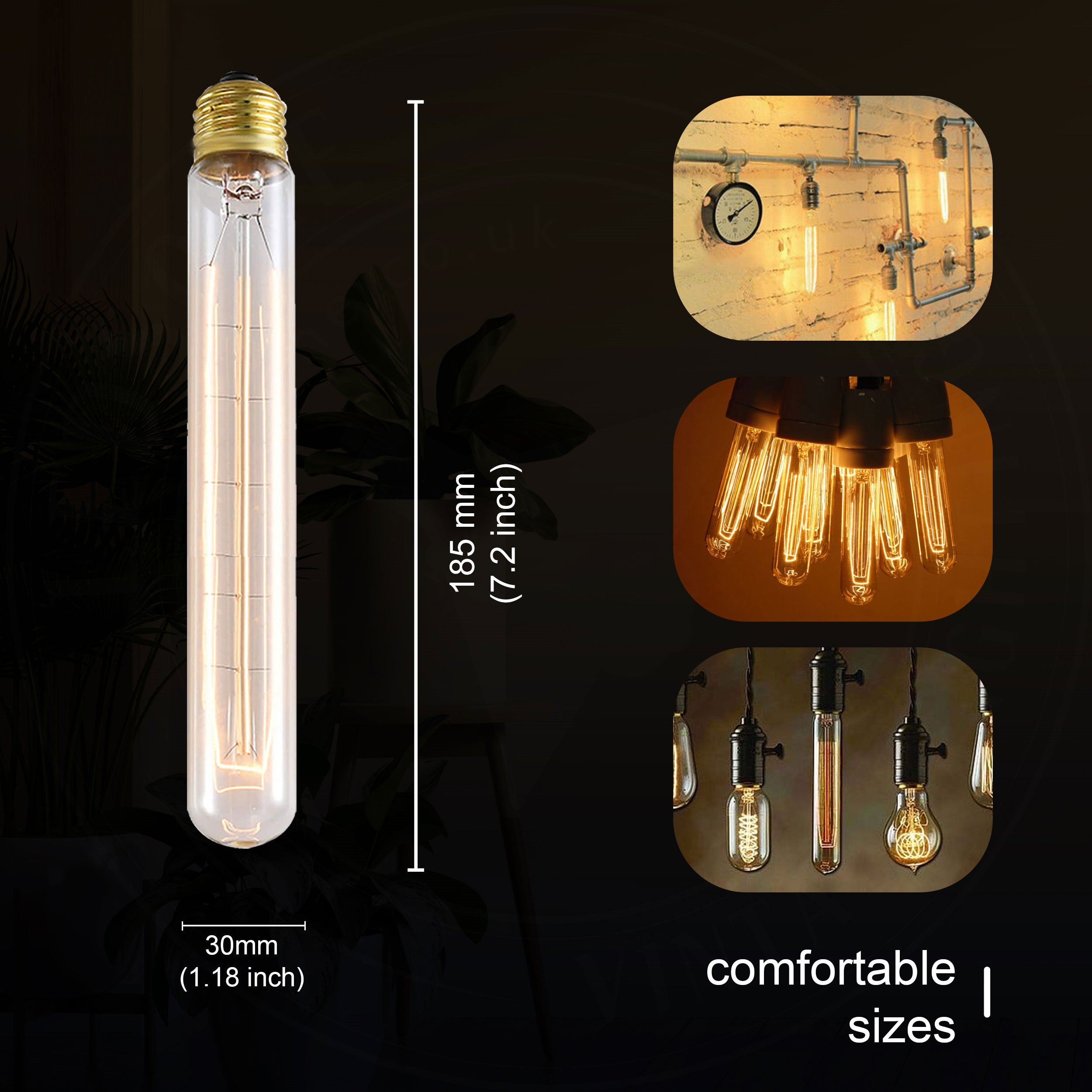 T185 E27 60W Antique Filament Spiral Lamp Light Bulb with warm amber glow and brass cap, ideal for vintage decor.