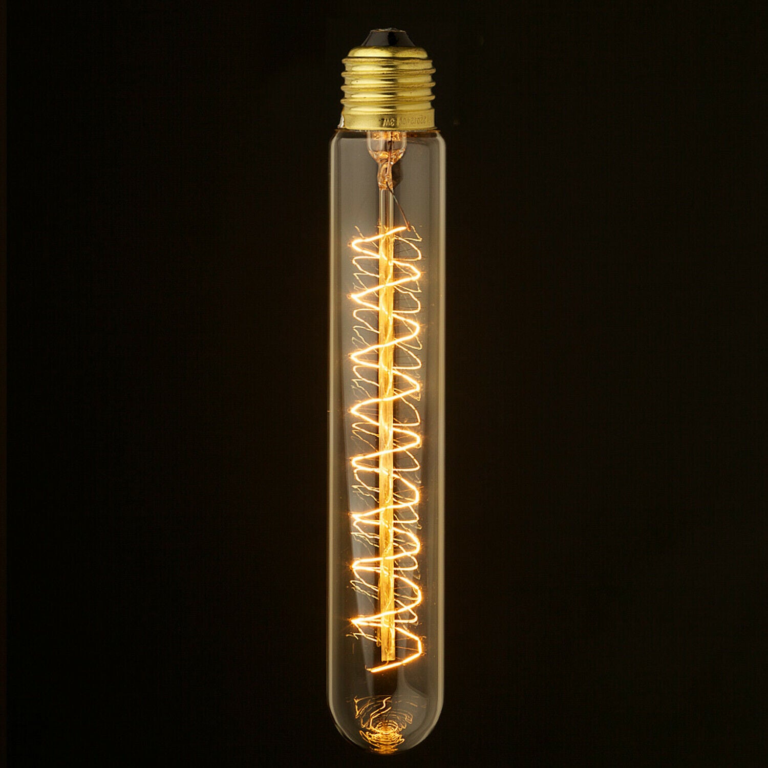 T185 E27 60W Antique Filament Spiral Lamp Light Bulb with warm amber glow and brass cap, ideal for vintage decor.