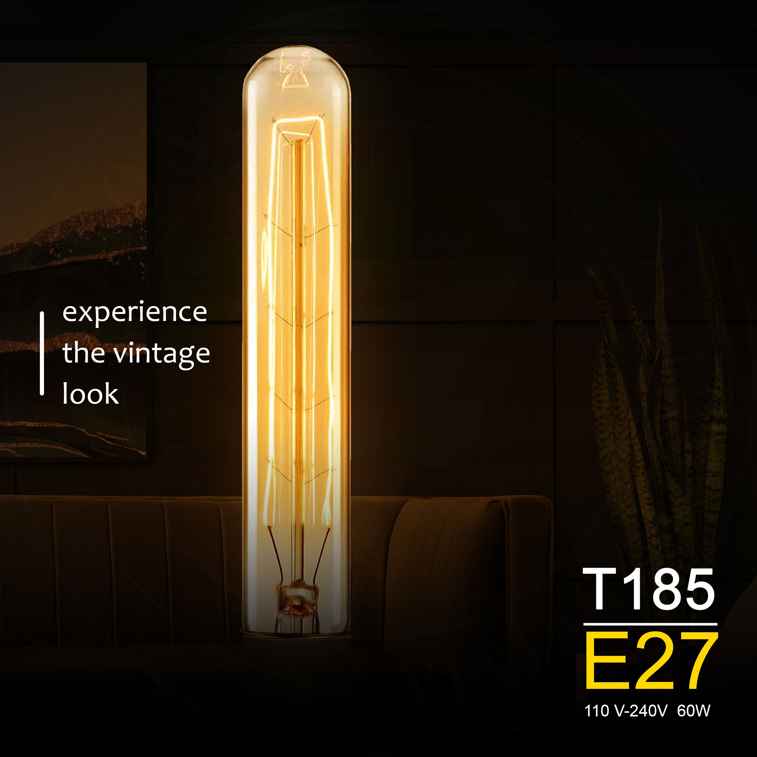 T185 E27 60W Antique Filament Spiral Lamp Light Bulb with warm amber glow and brass cap, ideal for vintage decor.