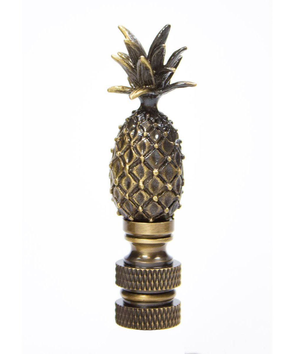 Tall Pineapple Lamp Finial in antique brass metal, featuring a pineapple shape and antiqued finish, perfect for enhancing lamps.