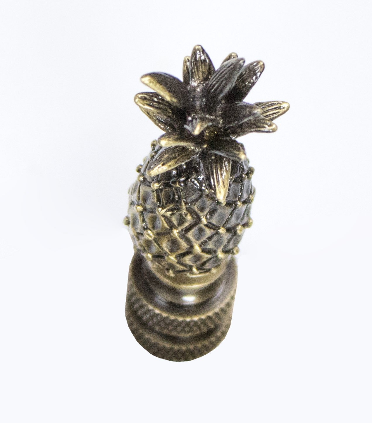 Tall Pineapple Lamp Finial in antique brass metal, featuring a pineapple shape and antiqued finish, perfect for enhancing lamps.