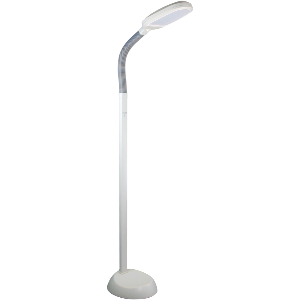 TechnicLed Floor Lamp featuring a flexible head, LED lights, and optional accessories like a magnifier and shelf.