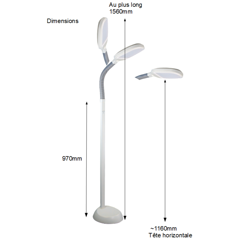 TechnicLed Floor Lamp featuring a flexible head, LED lights, and optional accessories like a magnifier and shelf.