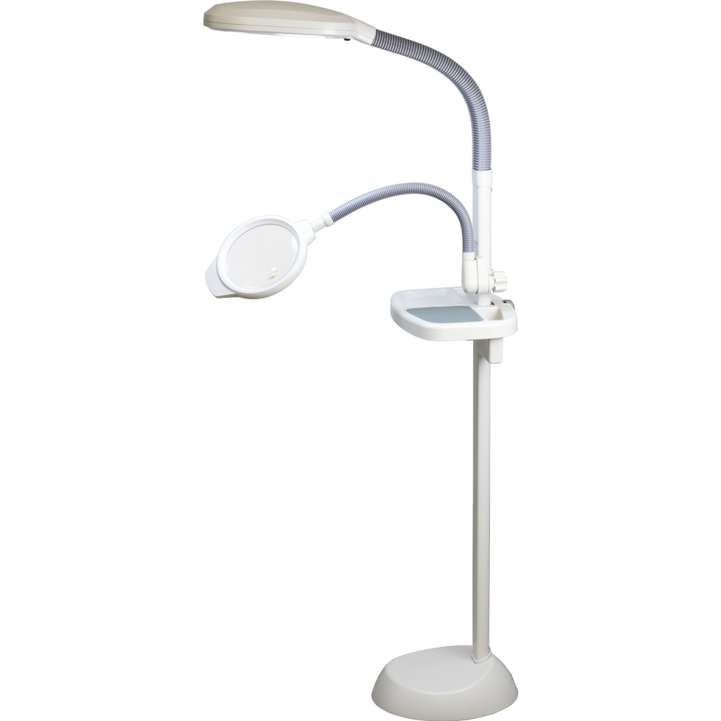 TechnicLed Floor Lamp featuring a flexible head, LED lights, and optional accessories like a magnifier and shelf.