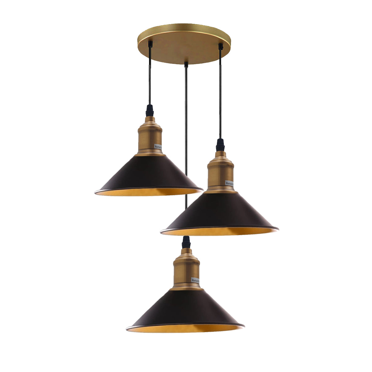 Three Outlet Black Pendant Light with three adjustable lights and yellow brass accents, perfect for modern interiors.