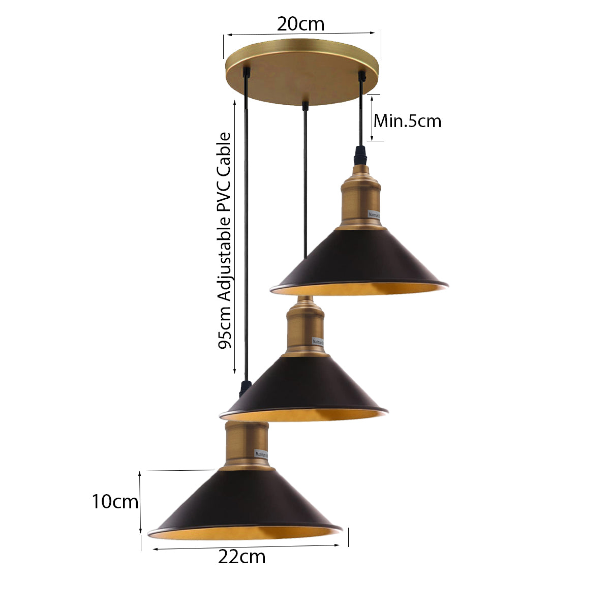 Three Outlet Black Pendant Light with three adjustable lights and yellow brass accents, perfect for modern interiors.