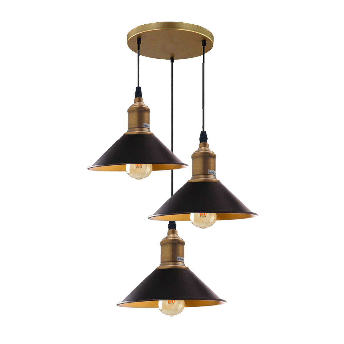 Three Outlet Black Pendant Light with three adjustable lights and yellow brass accents, perfect for modern interiors.