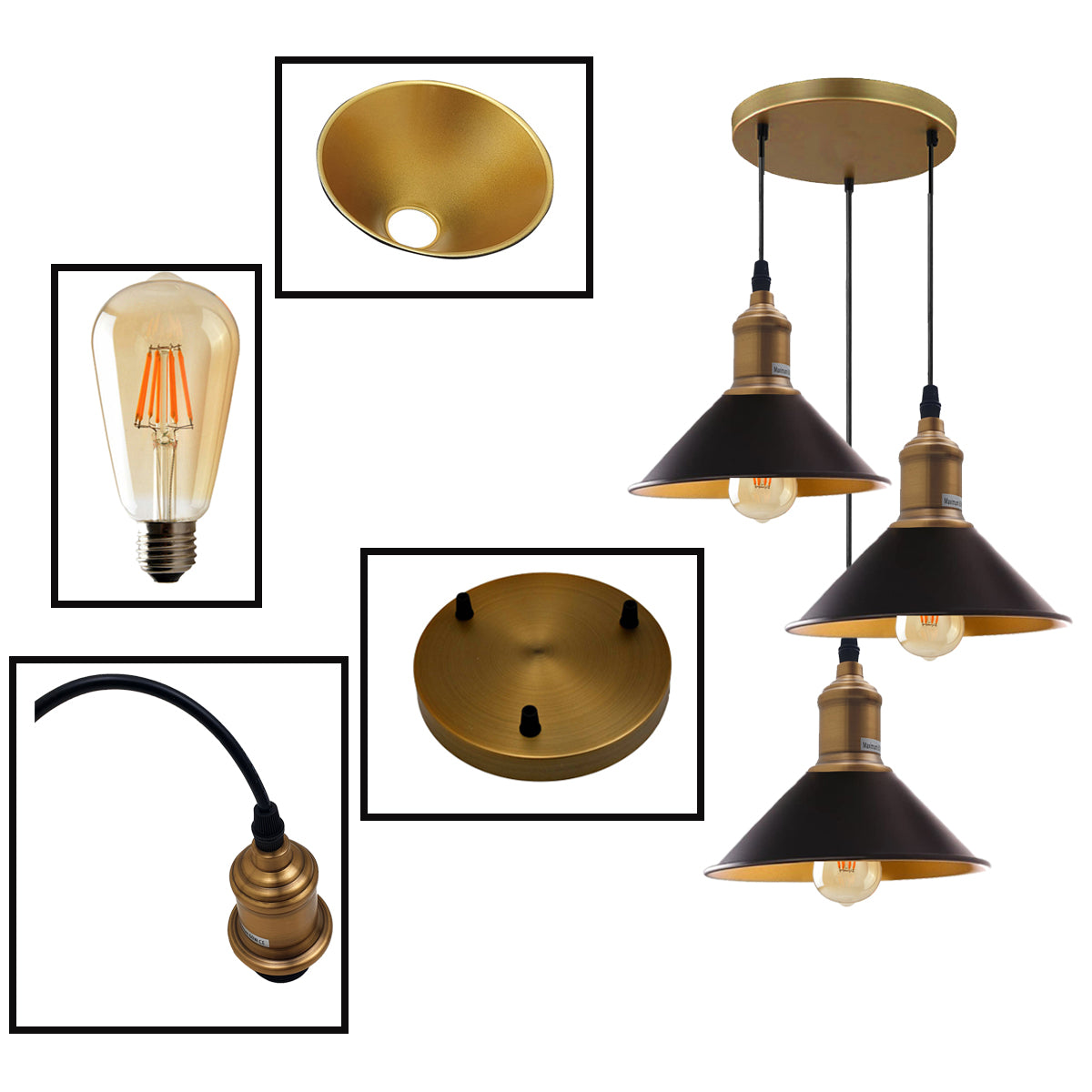 Three Outlet Black Pendant Light with three adjustable lights and yellow brass accents, perfect for modern interiors.