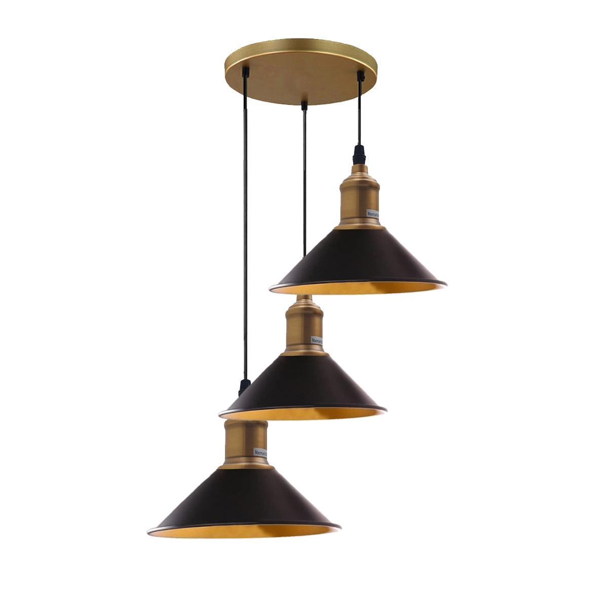 Three Outlet Black Pendant Light with three adjustable lights and yellow brass accents, perfect for modern interiors.