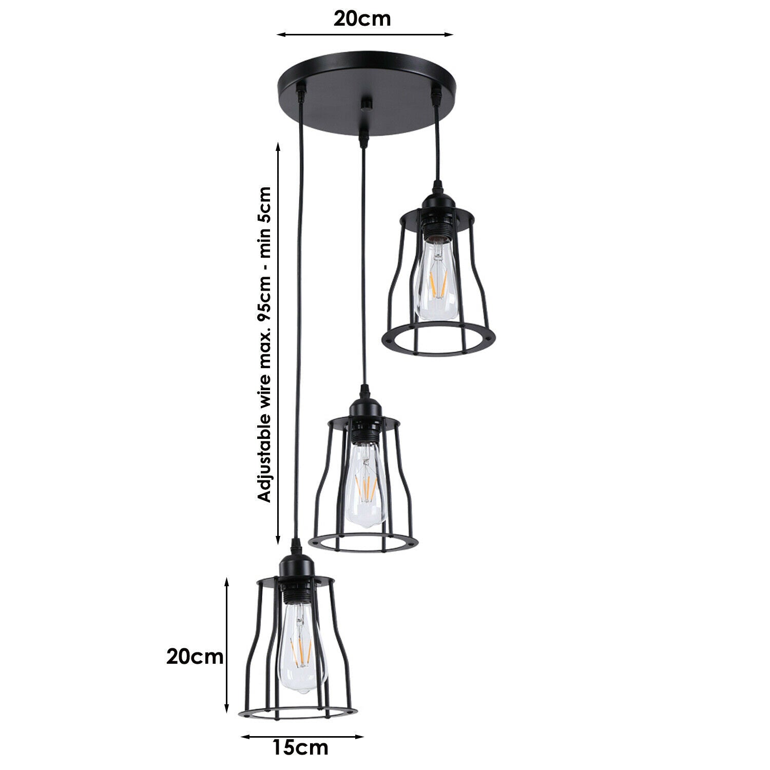 Three-Way Metal Black Color Hanging Pendant Lamp with multiple light holders and stylish design.