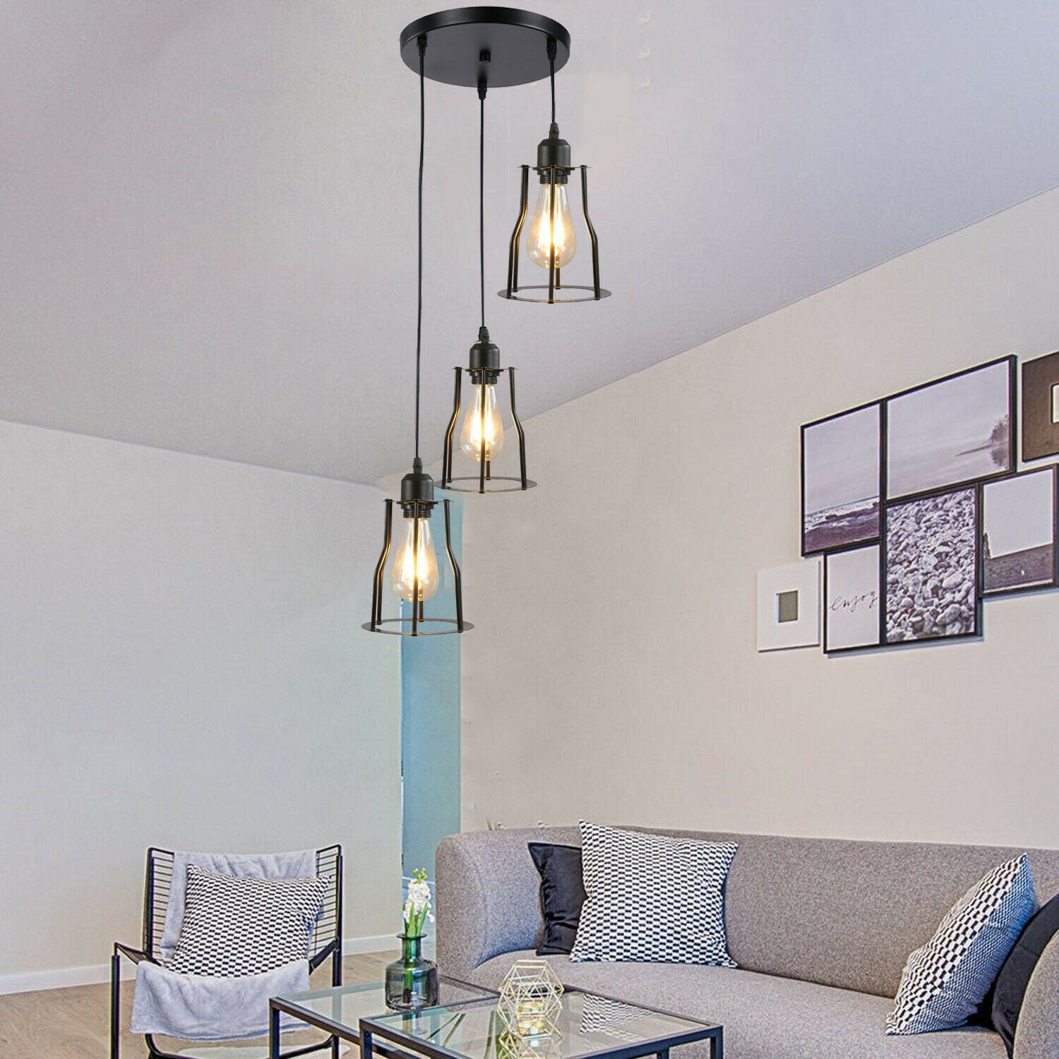 Three-Way Metal Black Color Hanging Pendant Lamp with multiple light holders and stylish design.