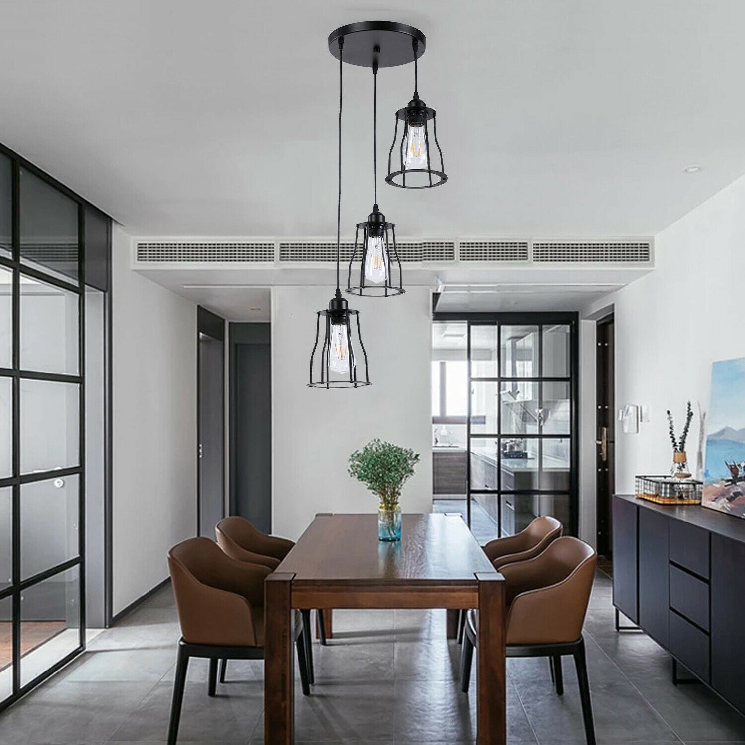 Three-Way Metal Black Color Hanging Pendant Lamp with multiple light holders and stylish design.