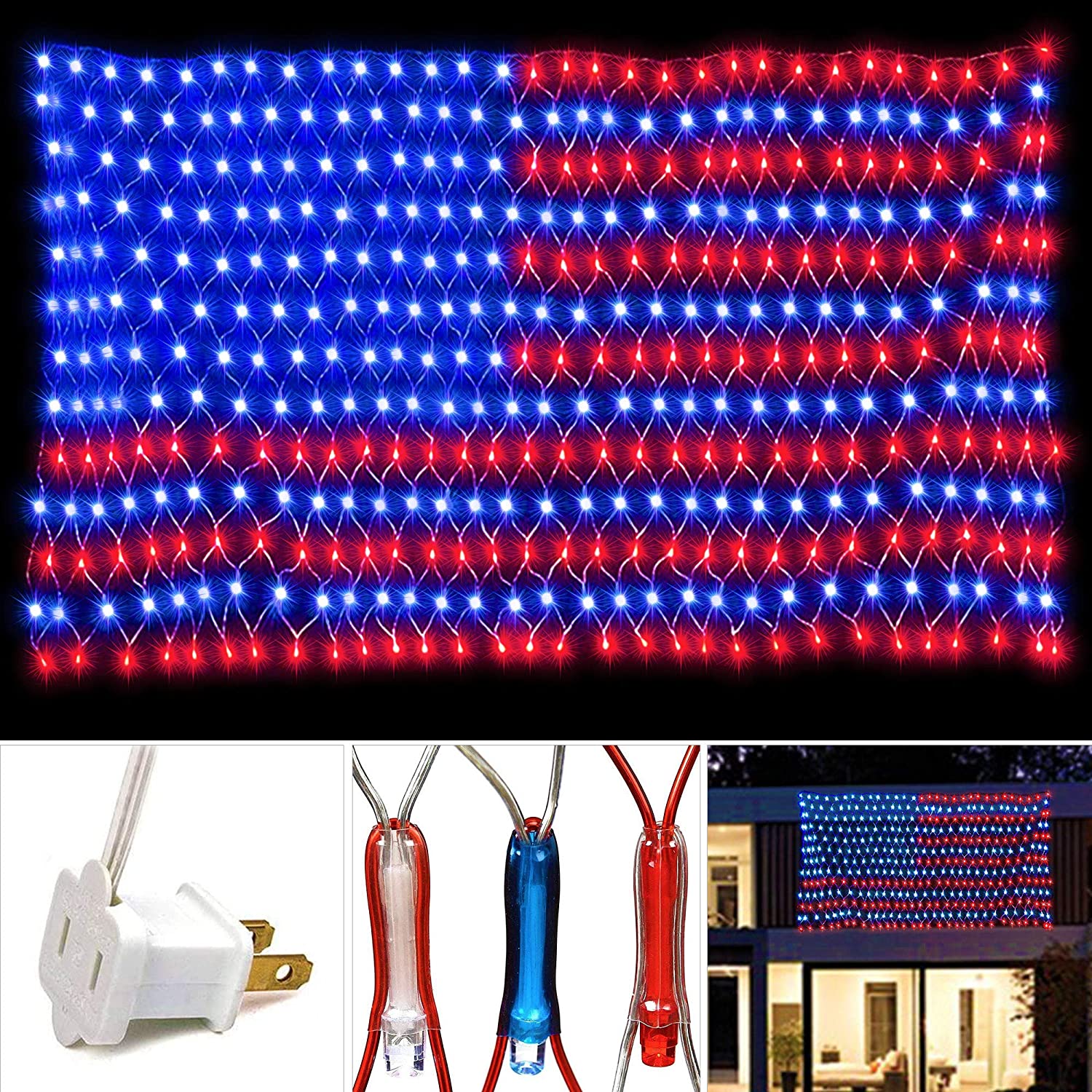 US Flag String Lights featuring 420 bright LEDs in red, white, and blue, designed for indoor and outdoor decoration.